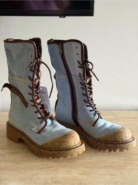 A.S.98 Denim Lace-Up Combat Boots with Brown Trim and Speckled Gum Sole